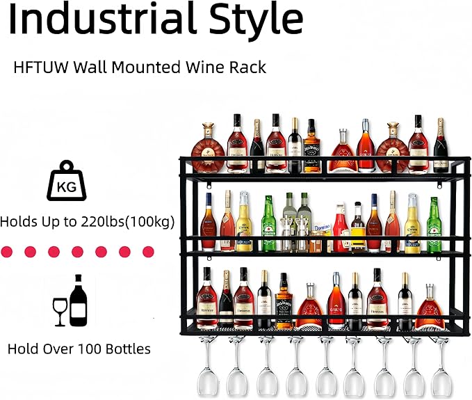 Metal Wine Rack Wall Mounted, Bar Shelves for Liquor Bottles with LED Light, 3 Tier Large Capacity Liquor Rack Wall Mounted with Glass Holder for Home Bar & Dining Room （Black, 47in/120cm）