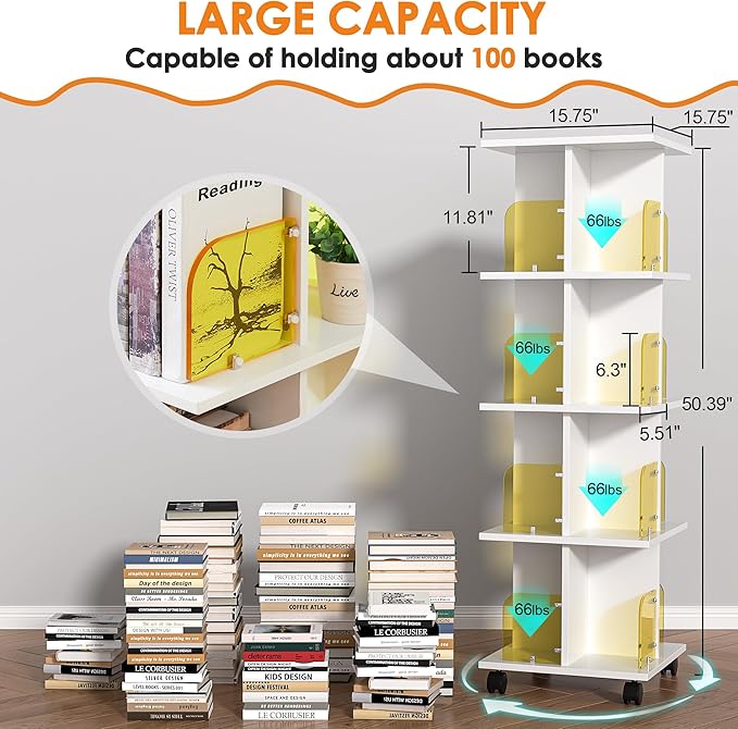VECELO Rotating Bookshelf with Brake Wheels, 360°Display 4 Tier Floor Stackable Spinning-Bookshelf Tower for Kids&Adults, Revolving Bookcase for Small Space,Corner(White)