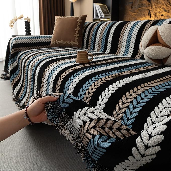 STACYPIK Modern Striped Sofa Cover for Pets, Vintage Jacquard Herringbone Couch Cover for 2 Cushion Couch, Non-Slip L Shaped Couch Cover for Sectional Washable Throw Slipcover for Living Room-71x118IN