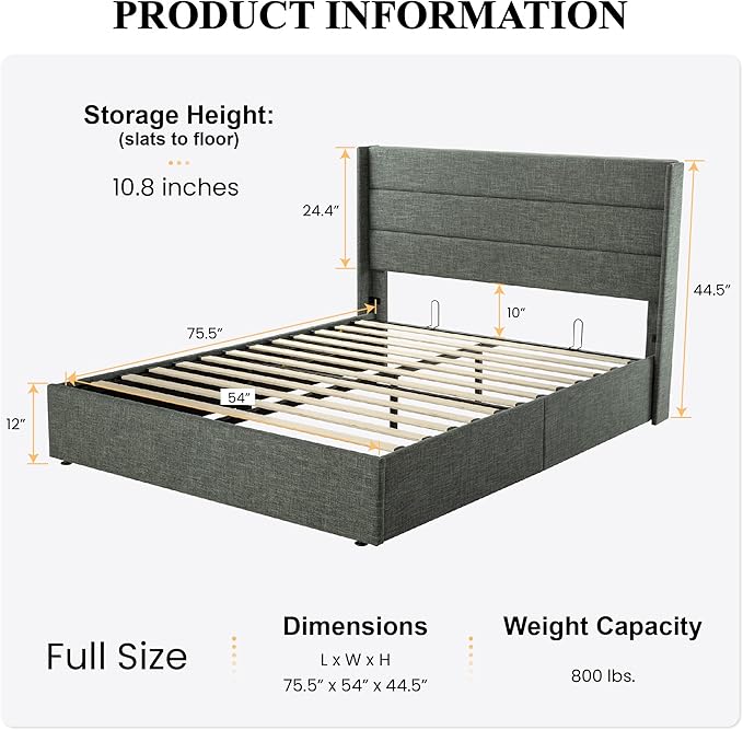 SHA CERLIN Full Size Lift Up Storage Bed/Modern Wingback Headboard/Upholstered Platform Bed Frame/Hydraulic Storage/No Box Spring Needed/Wood Slats Support/Dark Grey