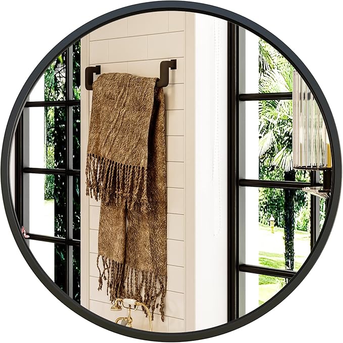 Growsun 30'' Black Round Mirror, Circle Wall Mirror for Bathroom Vanity, Entryway Living Room with Metal Frame for Home Decor
