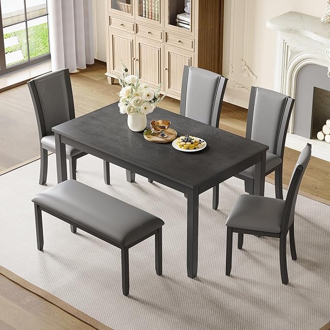 soges 6-Piece Large Dining Table Set with Leather Bench and Chairs, Wooden Dining Table Chairs Set for 6, Modern 6 Person Dining Room Set, Grey