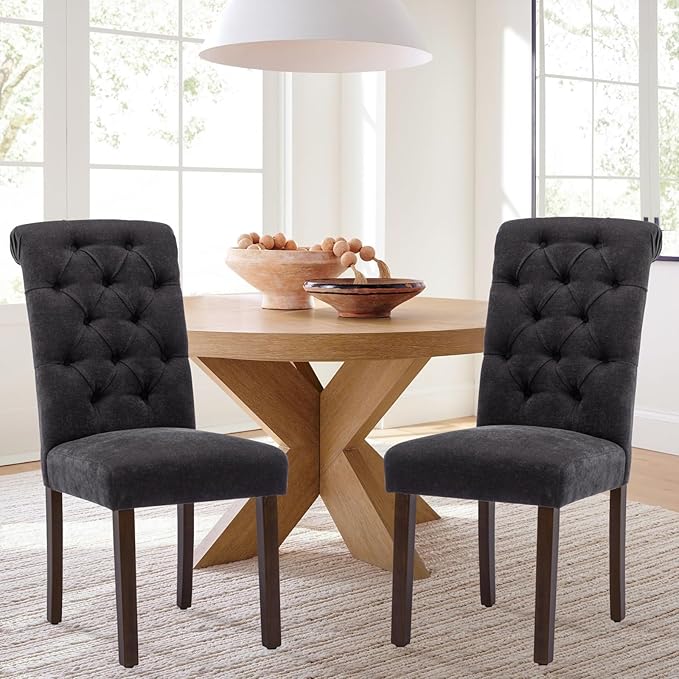 COLAMY Button Tufted Dining Chairs Set of 2, Parsons Upholstered Fabric Dining Room Chairs Kitchen Chairs with Wood Legs and Padded Seat, Black
