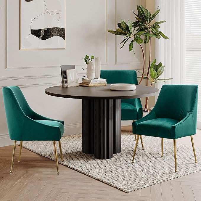 Modern Velvet Dining Chairs Set of 2, Contemporary Upholstered Furniture Collection with Polished Gold Metal Legs, Elegant Accent Chairs for Kitchen Living Room(Green)