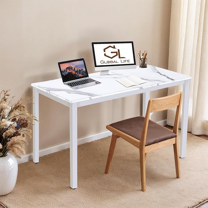 55 inch Large Computer Desk Wood, Modern Simple Style Desk for Home Office, Bedroom, Study Student Writing Desk, Small Spaces, White Metal Frame, Marble Grain Top