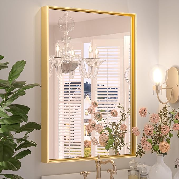 Keonjinn 22 x 30 Inch Gold Bathroom Mirror for Over Sink Brushed Gold Rectangle Wall Mounted Mirror Metal Frame Modern Farmhouse Mirror with Square Corner Framed Mirror(Horizontal/Vertical)