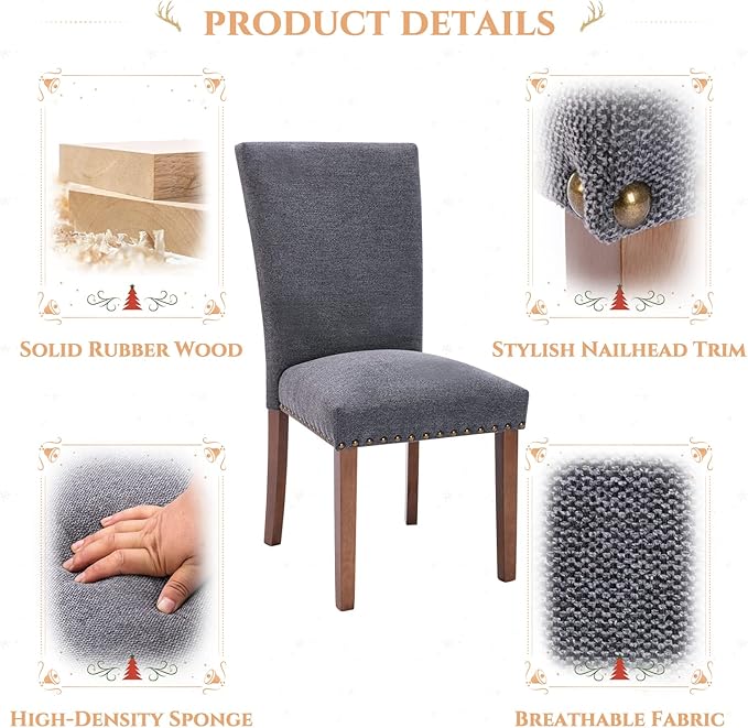 Parsons Dining Chairs Set of 6, Upholstered Nailhead Dining Room Kitchen Side Chair with Thick Cushions and Wood Legs, Dark Grey