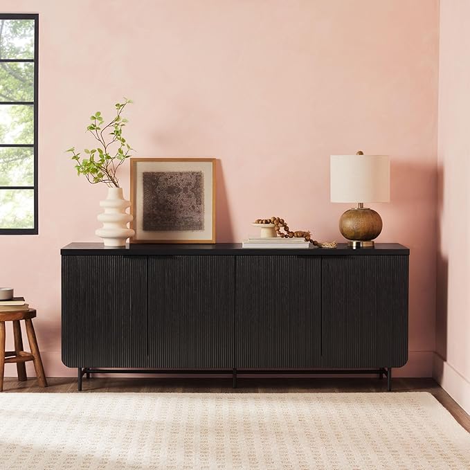 Walker Edison Reema Fluted 4-Door Kitchen Sideboard Buffet Console, 69 Inch, Black