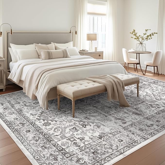 zesthome 9x12 Area Rugs,Stain Resistant Washable Rug,Ultra-Thin Rugs for Living Room,Bedroom,Non-Slip Backing Home Decor Large Area Rug (Grey/White,9'x12')