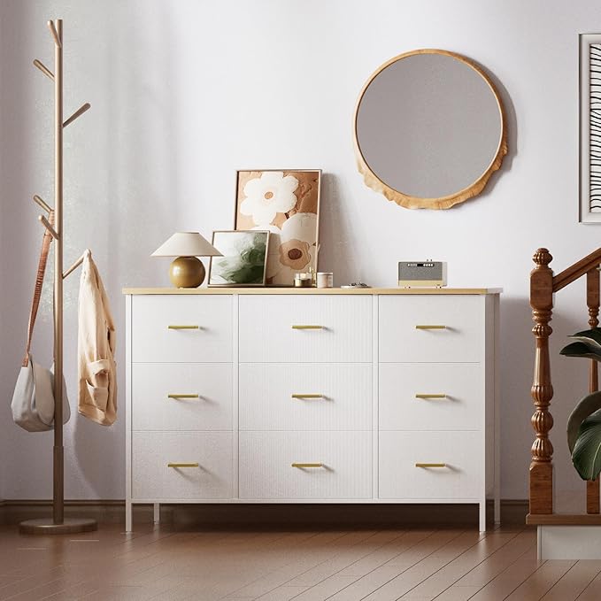 Wide TV Stand Modern TV Console, 9 Drawers Dresser for Bedroom, Fabric Storage Cabinet, Chest of Drawers for Closet, Nursery, Living Room（White）