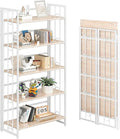 4NM No Assembly 5 Tiers Folding Bookshelf, 59.4" H Foldable Storage Shelves Vintage Bookcase Standing Racks Study Organizer Home Office - Natural White