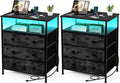 3 Drawers Dresser with Charging Station, 24 Inch Wide LED Night Stand Set 2 with Adjustable Fabric Drawer, Nightstand with Storage Shelf for Living Room/Bedroom/Office, Black.