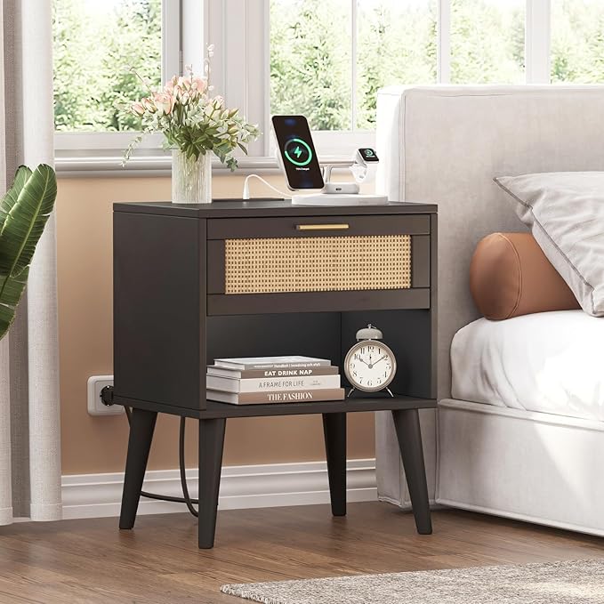 Irontar Nightstand Set of 2, Bedroom Night Stand with Charging Station & Rattan Drawer, Boho Style Bed Side Tables with Solid Legs, Accent End Table with Open Storage, Black and Natural BZZ007BME02