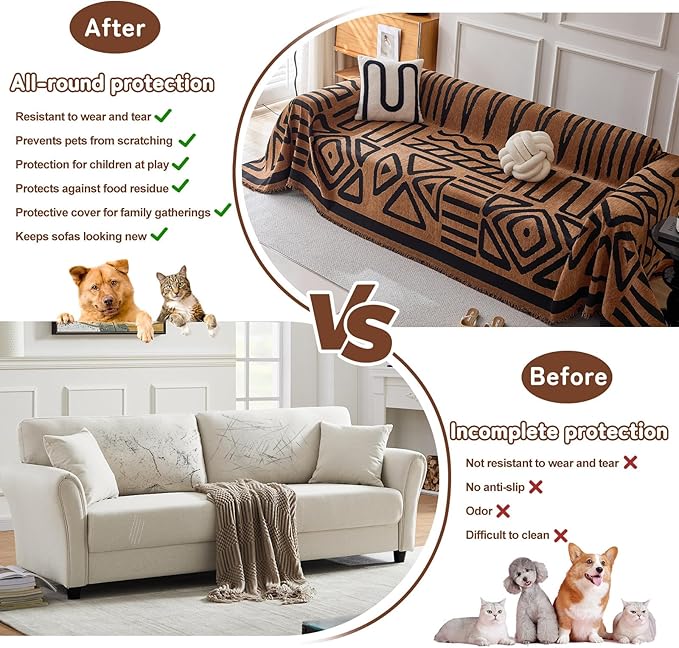 HANDONTIME Boho Geometric Couch Covers for Sofa Pet Friendly Brown and Black Sofa Covers Washable Chenille Couch Blanket Cover for 3 4 Cushion Couches Pet Protector Furniture Cover Soft, 71" X 134"