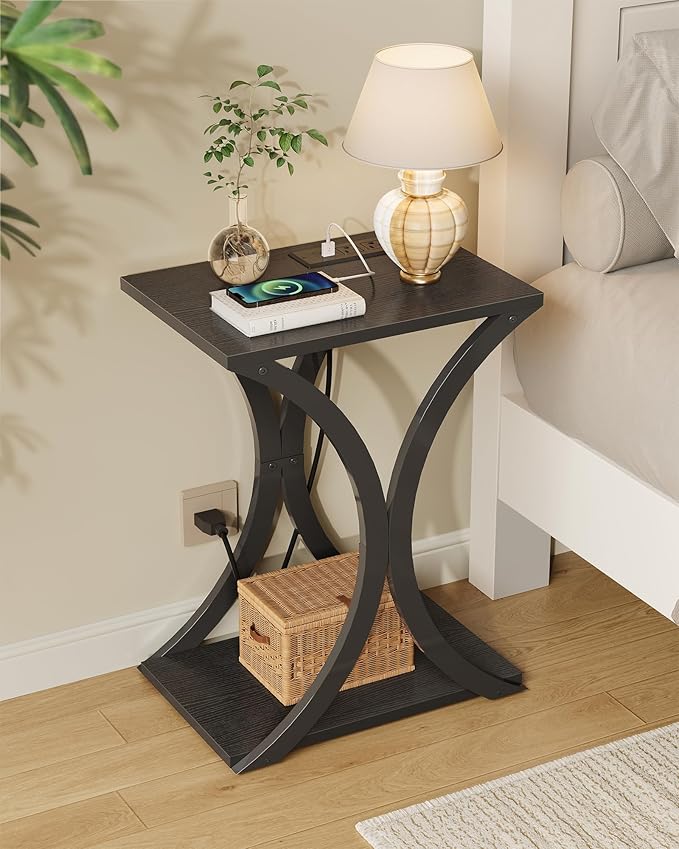 End Table with Charging Station, 2-Tier Modern Side Table Set of 2, Nightstand with Storage Shelf, for Small Spaces, for Bedroom, Living Room, Home Office, Black TBZ20UP2BB