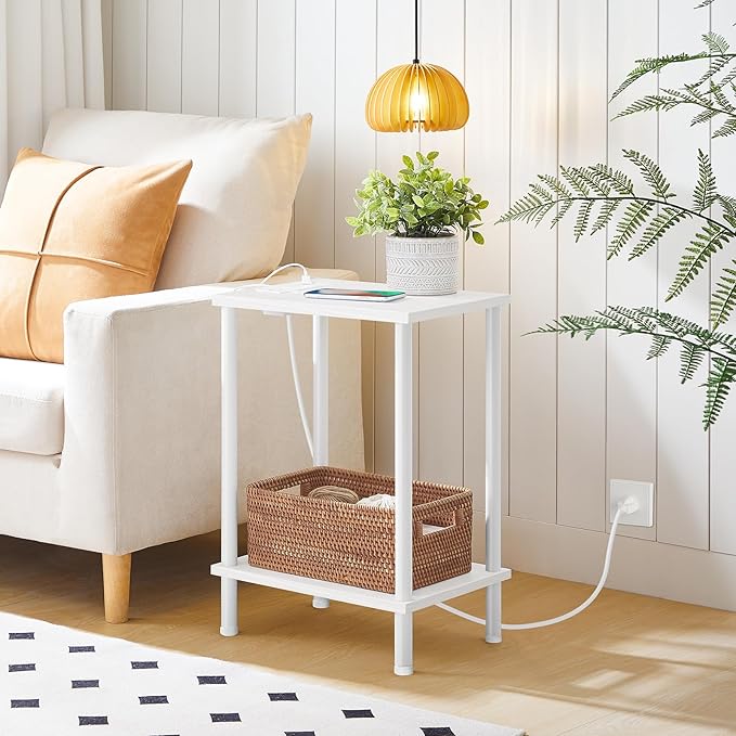 HOOBRO Side Table with Charging Station, Set of 2 End Tables with USB Ports and Outlets, Nightstand with 2-Layer Storage Shelves for Small Spaces, Living Room, Bedroom, White WW09UBZP201