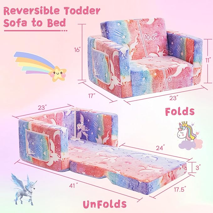 Toddler Couch,Toddler Chair,2-in-1 Baby Seat Furniture Fold Out, Convertible Sofa to Lounger Comfy Glow in The Dark Sofa Bed,Gifts for Kids Girl Boys,Elf Unicorn,Medium