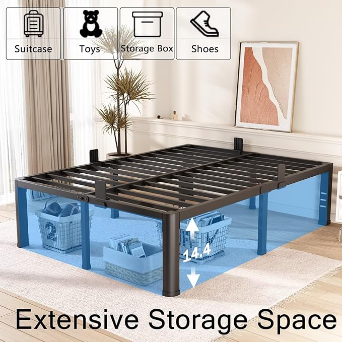 FUIOBYVV 16 Inch Full Bed Frame with Rounded Corner and Headboard Hole Mattress Retainers 3500 LBS Metal Heavy Duty Steel Slats Support No Box Spring Needed Platform Noise Free Easy Assembly