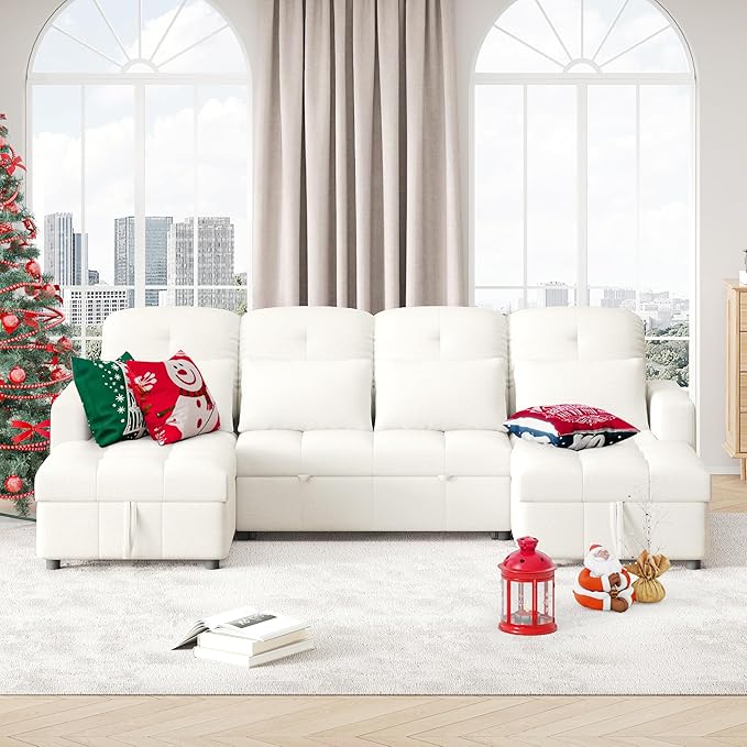 Ball & Cast 110.2" Oversized Versatile Sectional Sleep Sofa with Two USB Ports,U-Shape 4 Seat Pull-Out Couch w/Double Storage Chaise Lounges,for Living Room,Apartment,Office,Beige