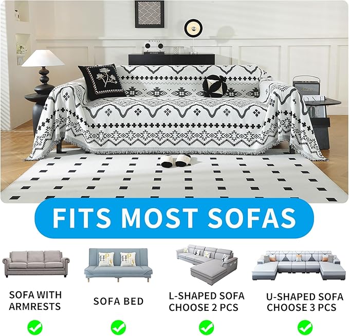 LUFEIJIASHI Boho Couch Covers for Sofa Non Slip Sofa Covers Washable Couch Covers for 3 Cushion Couch Sofa Pet Friendly Sectional Couch Cover Blanket Furniture Protector for Dogs (Black, 71"x150")