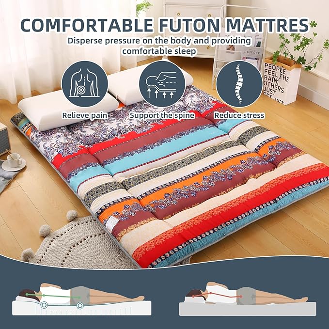 Bohemian Retro Japanese Floor Mattress, Vintage Floral Tatami Floor Mat, Portable Roll up Futon Mattress for Guest,Tavel (B,Twin 80" x 36")