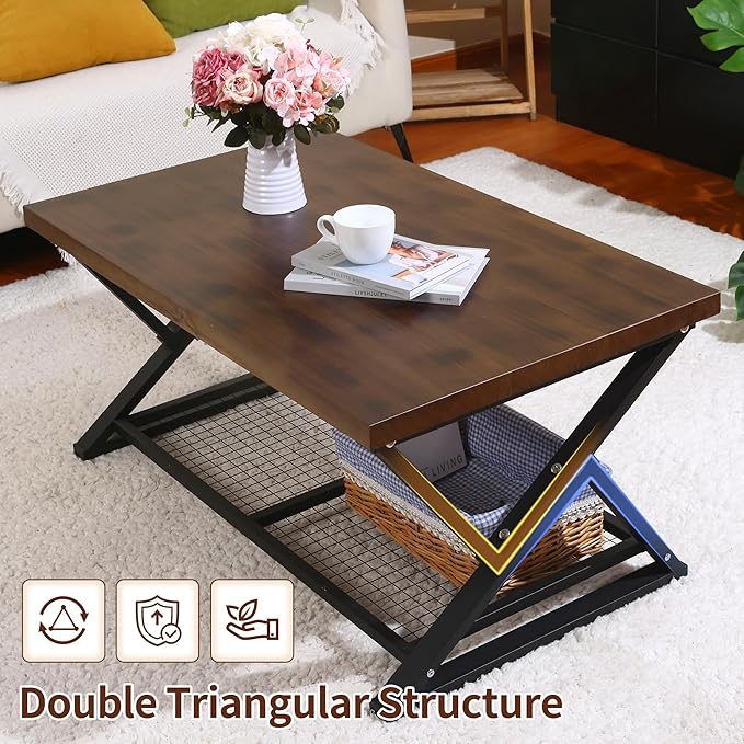 EASYSOUL Coffee Table with Storage Shelf, Solid Wood Top with Black Metal X-Frame, 39.37" D x 23.62" W x 18.11" H, Mid Century Modern Center Coffee Tables for Living Room with 2 Tier (Brow, 39.37")