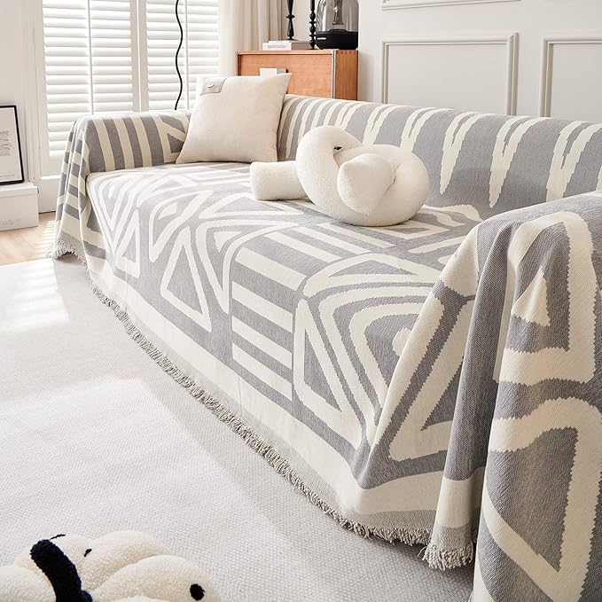 STACYPIK Boho Geometric Sofa Cover Chenille Gray White Cream Triangle Couch Cover for Dog Anti Slip Couch Protector for 3 Cushion Couch Reversible Furniture Covers L Shape Cover for Sectional-91X134IN