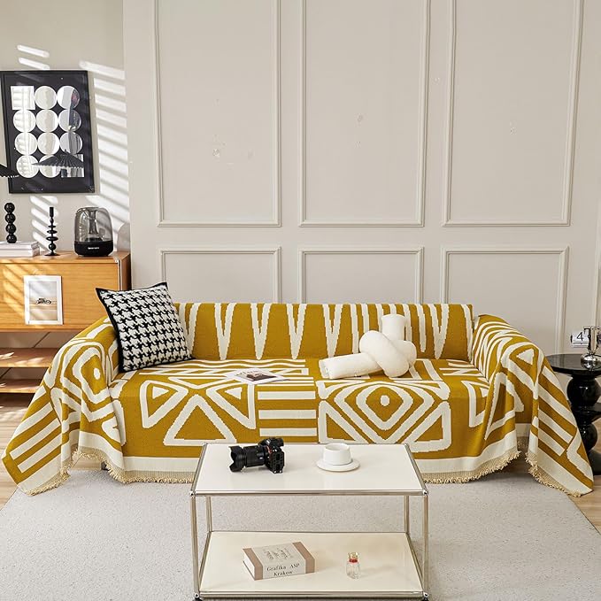 STACYPIK Mustard Yellow Boho Sofa Cover Couch Cover Reversible Jacquard Furniture Protector for 3 Cushion Couch L Shaped Sofa Slipcover Non-Silp Sofa Cushion Covers for Sectional with Tassels-91X118IN