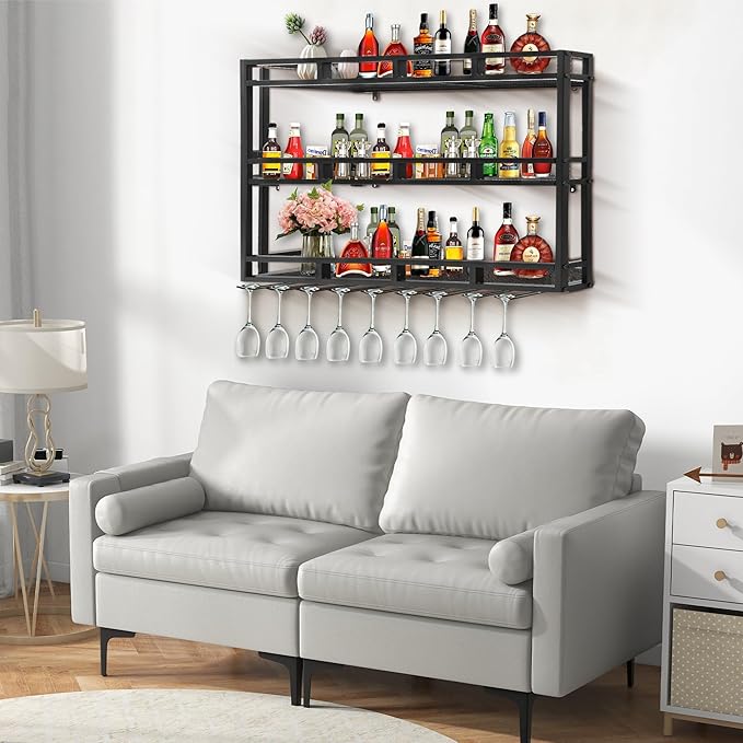 Metal Wine Rack Wall Mounted, Bar Shelves for Liquor Bottles with LED Light, 3 Tier Large Capacity Liquor Rack Wall Mounted with Glass Holder for Home Bar & Dining Room （Black, 47in/120cm）