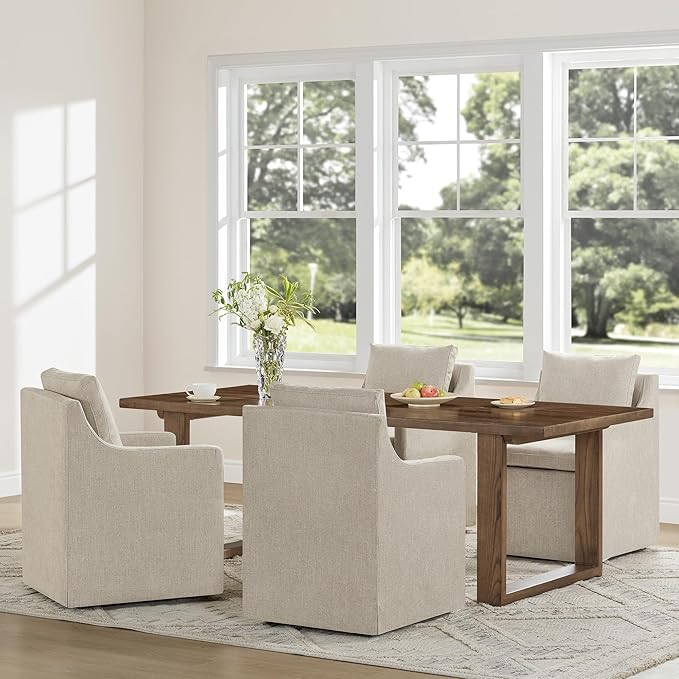 Upholstered Dining Chairs with Casters Easy Assembly Side Deskchair with Rollers for Diningroom, Living Room, Khaki, 1 Box