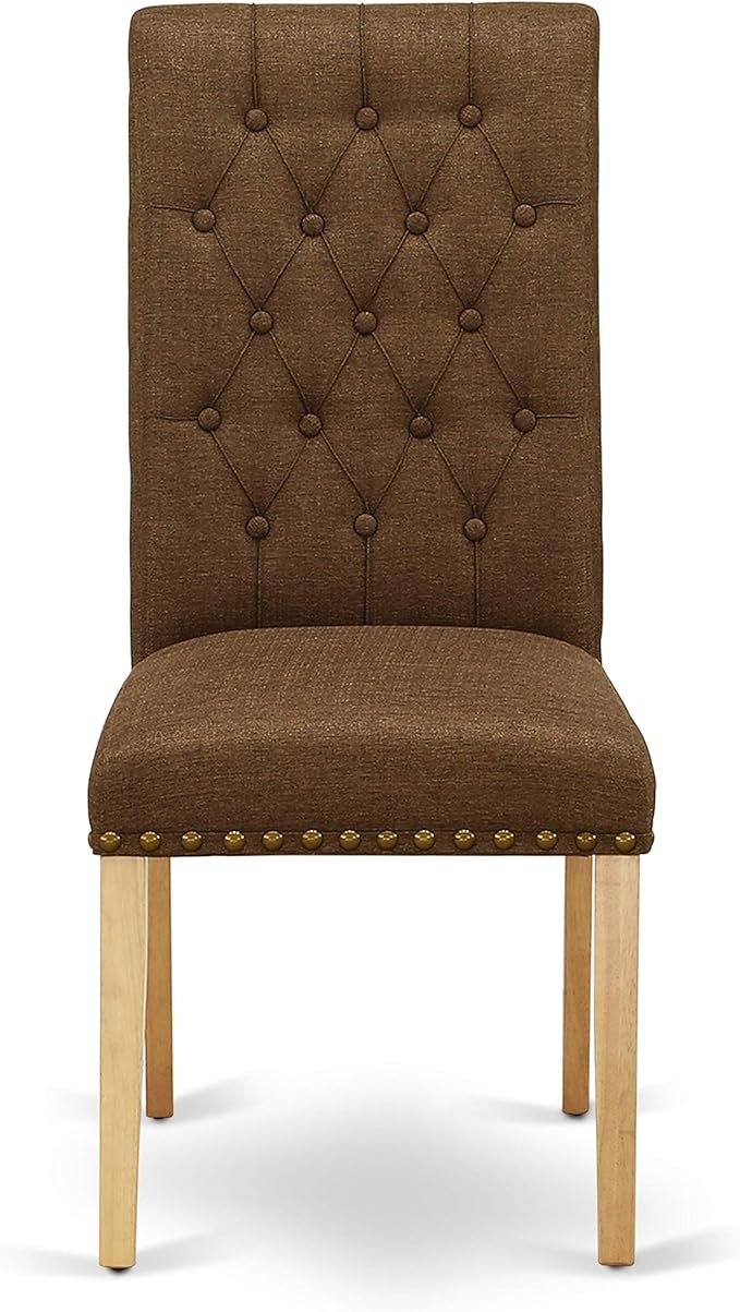 East West Furniture ESBR3-OAK-18 3 Piece Kitchen Table & Chairs Set Contains a Round Dining Room Table with Pedestal and 2 Brown Linen Linen Fabric Parsons Chairs, 30x30 Inch, Oak