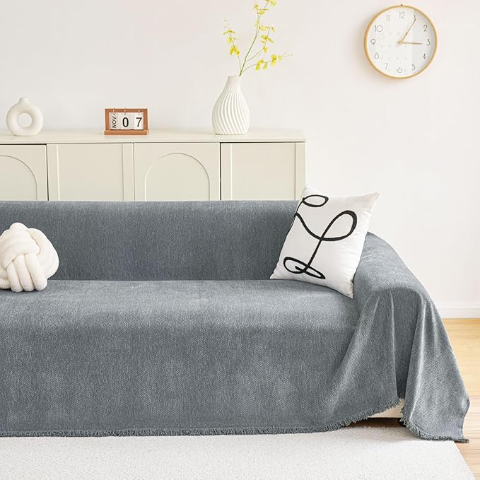 hyha Couch Cover for Dogs, Boho Sofa Covers for 3 Cushion Couch Washable, Chenille Sofa Slipcover for Pets, Soft Loveseat Sectional Couch Throw Blankets with Tassels (Grey, 88.5x150 Inch)