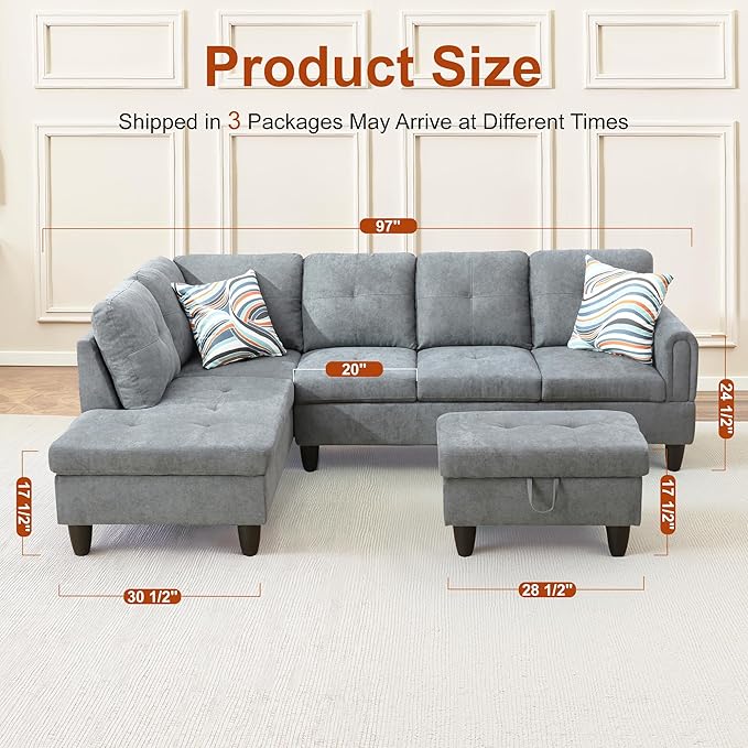 Osparple L Shaped Couch Sectional Couches for Living Room Upholstered Fluffy Fabric 3 Pieces Modular Sectional Sofa with Chaise, Ottoman with Storage for Living Room and Small Apartment, Dark Grey
