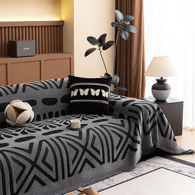 HANDONTIME Boho Couch Cover Blanket Geometric Striped Pet Covers for Couches and Sofas Dark Grey and Black Dog Cover for Couch Pet Friendly Chenille Sectional Sofa Covers for Pets Washable, 71" X134"