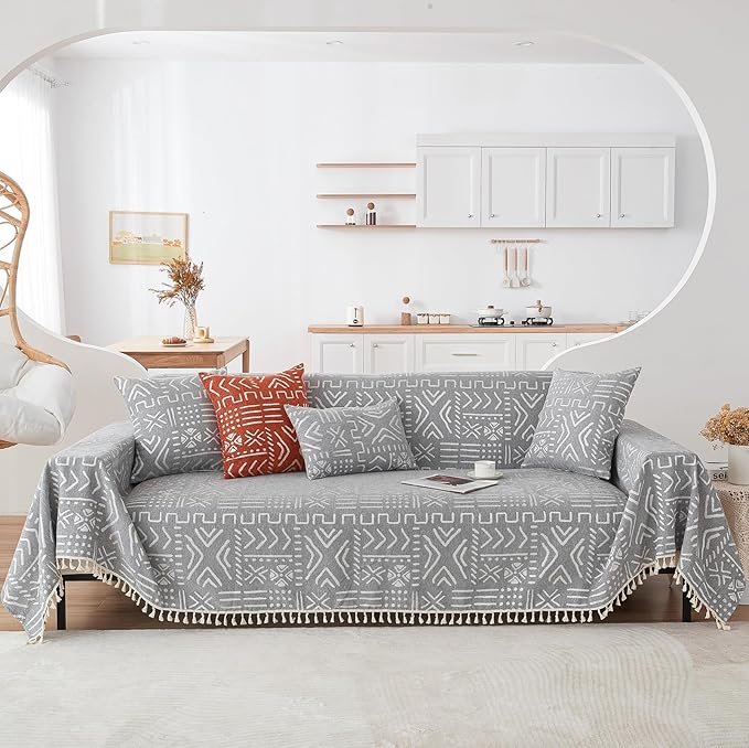 HANDONTIME Bohemian Couch Cover - Grey & White Aztec Tribal Pattern for 3 Cushion Couch, Aesthetic Tassel Sofa Slipcover, Universal Size, 71" X134"