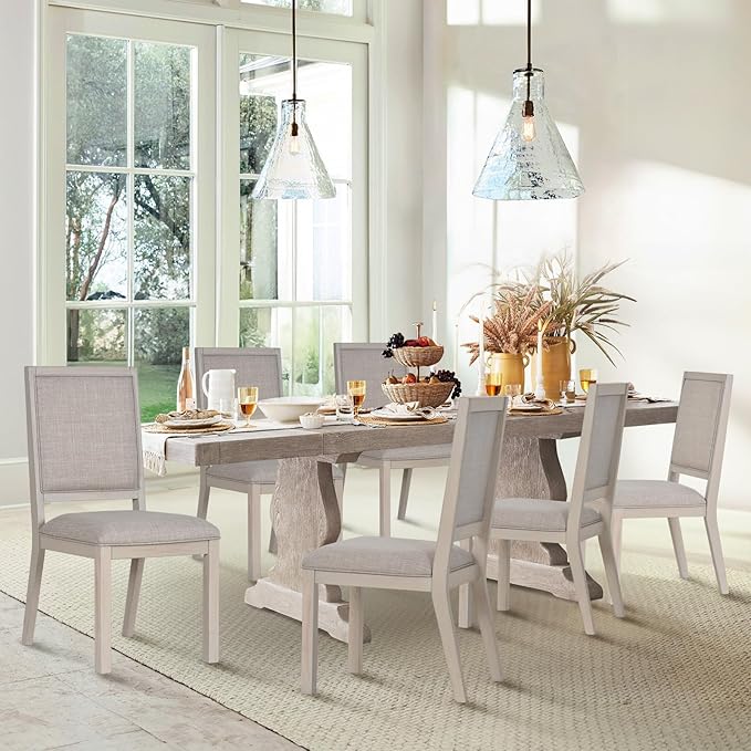 COLAMY Wood Dining Chairs Set of 6, Mid Century Modern Upholstered Kitchen Chairs,19 Inch Fabric Dining Chair with Back for Kitchen Dining Room,Ivory