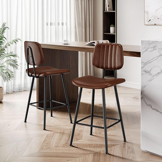 24-Inch Leather Bar Stools, Counter Height Barstools with High Backrest，Bar Chairs for Kitchen Island with Heavy Duty Metal Legs, Dark Brown