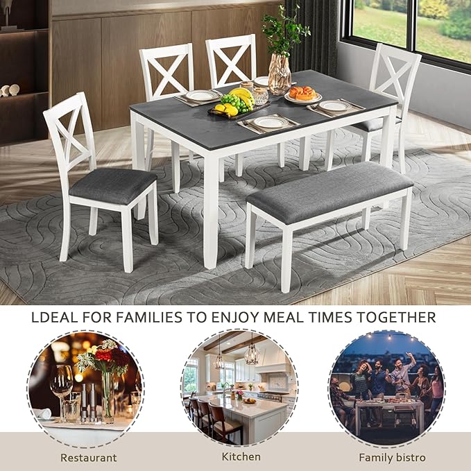 KEIKI 6-Piece Standard Height Dining Table Set with Rectangular Table, 4 Upholstered Chair, Bench, for 6 Person, Modern Style Wooden Table Set, Easy Assembly, for Kitchen, Dining Room, White+Gray