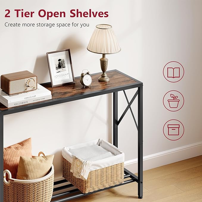 Tajsoon Console Table 41.8”, 2-Tier Industrial entryway Table, Narrow Sofa Table with Shelves, Entrance Table for Entryway, Hallway, Living Room, Foyer, Corridor, Office, Rustic Brown