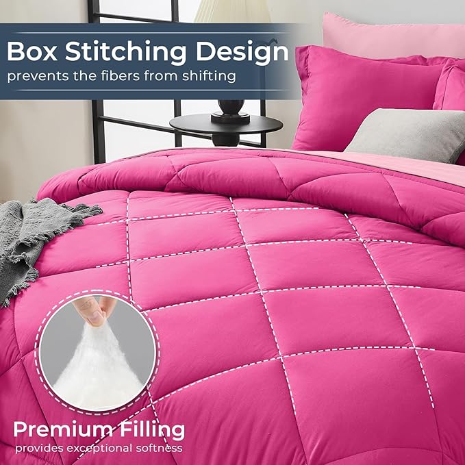 HEVUMYI Hot Pink & Baby Pink Twin Comforter Set - 5-Piece All Season Bed in a Bag Twin, Ultra Soft Bedding Set with Comforter, Flat Sheet, Fitted Sheet, Pillowcases, Pillow Shams