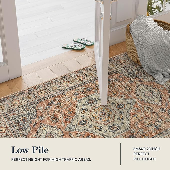 Lahome Oriental Kitchen Runners for Hallways, 2.5x12 Washable Runner Rug Non Slip, Soft Hallway Rug Distressed Ultra-Thin Long Carpet for Bathroom Entryway ‎Bedroom, Peach/Orange