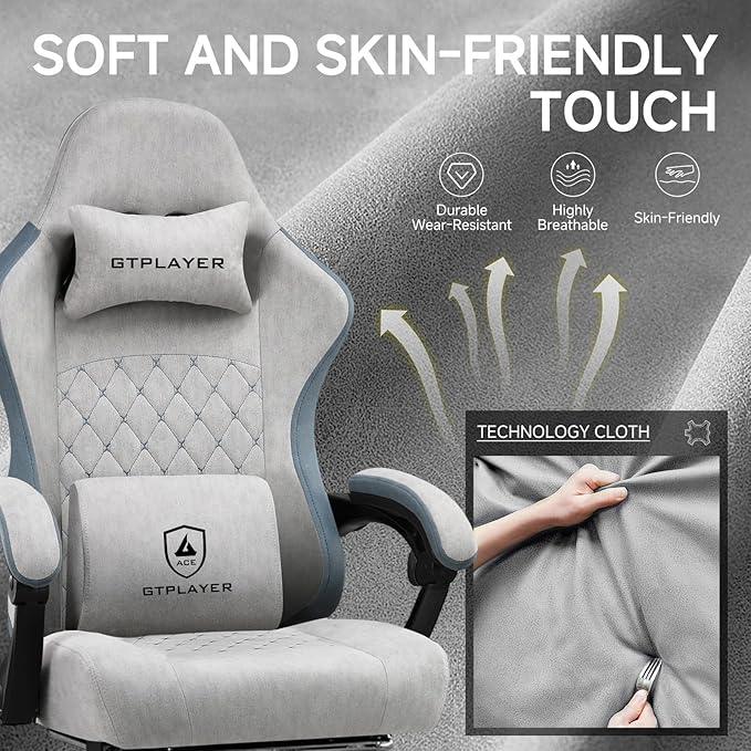 GTPLAYER Office Chair, Gaming Computer Desk Fabric Chair with Footrest, High Back Ergonomic Office Chair with Pocket Spring Lumbar Support and Linkage Armrests Adjustable Height Swivel for Home Task