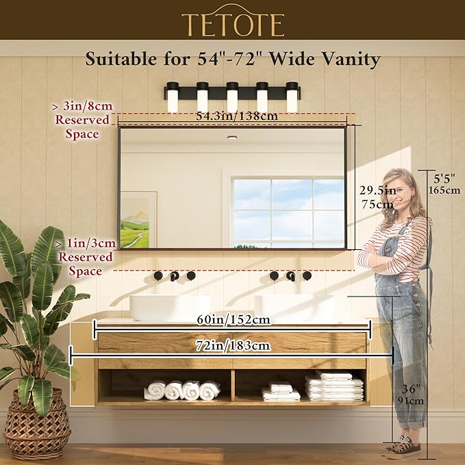 TETOTE Black Bathroom Mirror for Over Sink 55" x 30" Large Matte Black Beveled Metal Framed Rectangular Vanity Mirror for Bathroom, Bedroom, Entryway, Living Room, Tempered Glass, Shatterproof