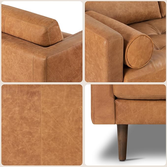 Poly & Bark Napa Leather Couch - 88.5-Inch Office Sofa with 2 Bolsters - Full-Grain Leather Sofa for Living Room with Feather-Down Topper - Living Room Couch - Vintage Italian Leather in Cognac Tan