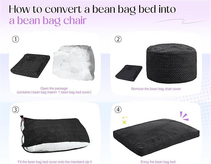 Hobestluk Bean Bag Chair Convertible Beanbag Chairs for Adults, 3 in 1 Bean Bags with Plush Chevron Cover, Adult Bean Bag Chair for Living Room, Bedroom (Black, Full)