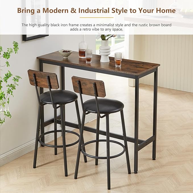 Tatub Bar Table with Stools Set of 2, Industrial 3 Piece Counter Height Small Dining Sofa Table and Chairs Set of 2, Brown