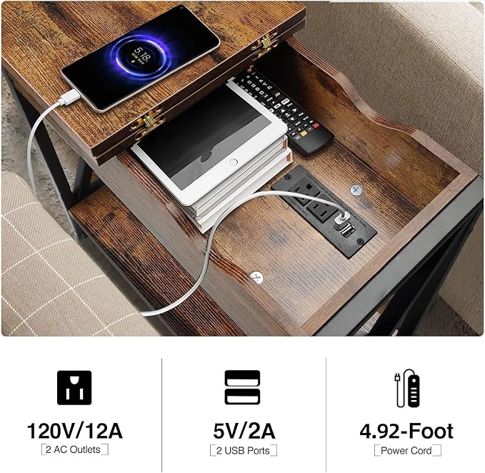 TooCust End Tables Living Room Set of 2, Narrow Side Table with Charging Station, 11.2"D x 24"W x 24"H, Flip Top End Table with USB Ports and Outlets, Couch End Tables Set of 2, Steel X-Shaped Frame