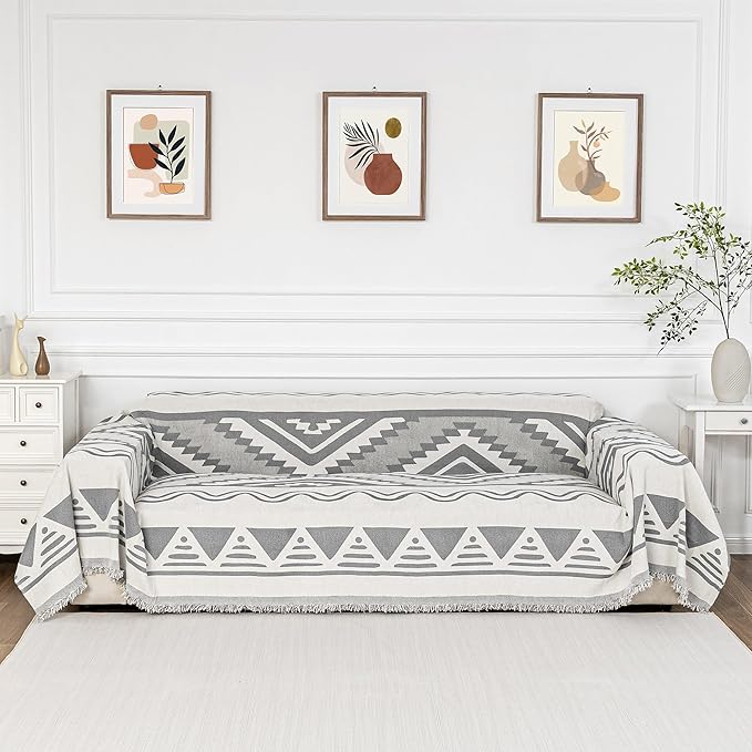 MYSKY HOME Boho Couch Cover for Dogs Washable Grey Rhombic Couch Sofa Protector for Loveseat Sofa with Pets Friendly Chenille Geometric Sofa Covers Soft Durable Farmhouse Sofa Slipcovers, 71" X102"