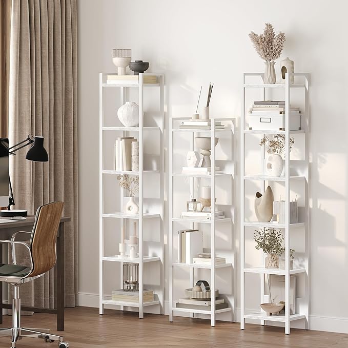 Bookshelf, 6-Tier Bookcase, Standing Book Shelf for Small Space, Storage Shelf Organizer, for Living Room, Bedroom, Study, Balcony, White BKBW6601