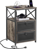 VECELO Oak Gray End Table with USB Ports and Outlets,24 Inch Nightstands with Charging Station and Storage Shelf for Bedroom,Living Room, 1 Set